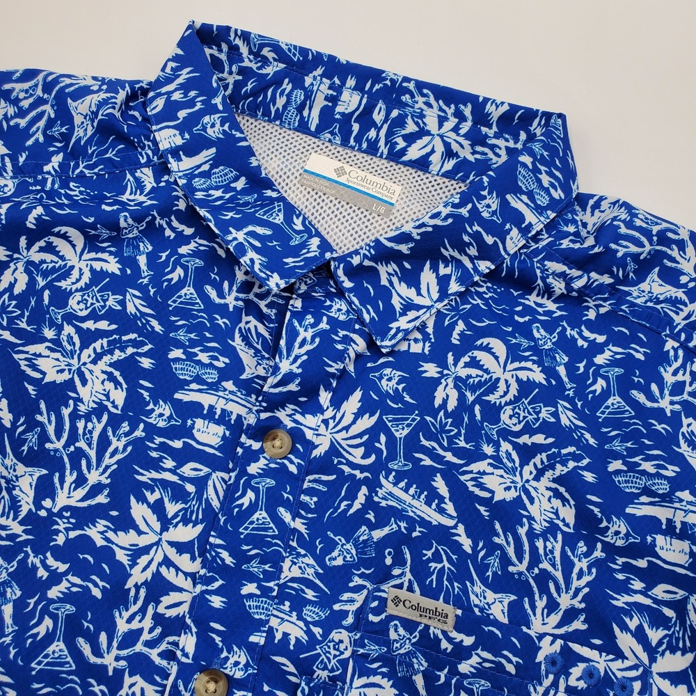 Columbia PFG Mens Blue Tropical Hula Marlin Fishing Shirt XL XM0693